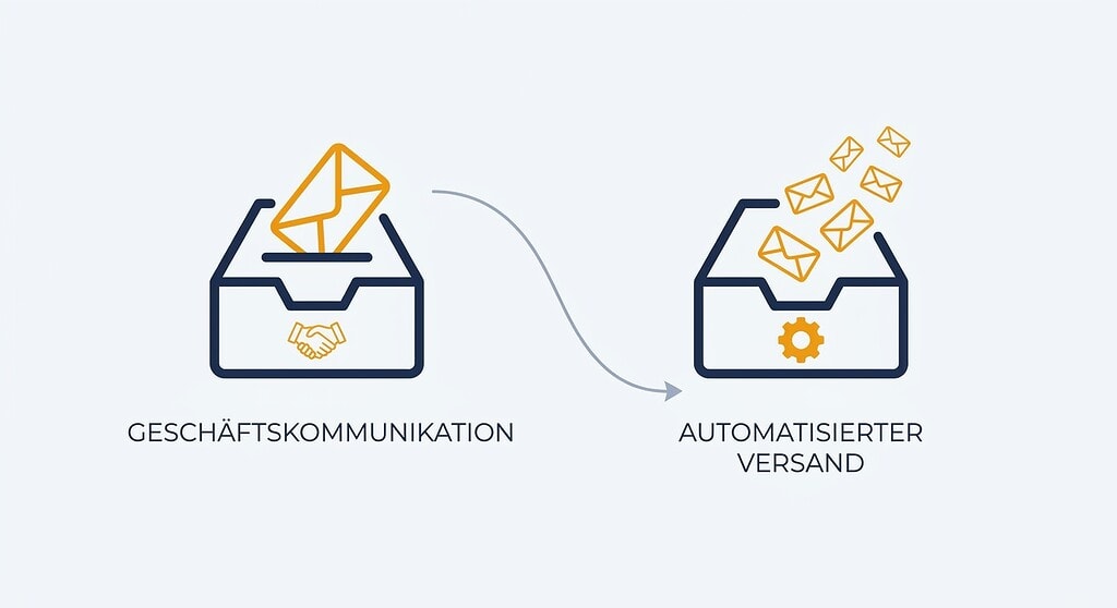 Grafik zeigt E-Mail-Workflow für Geschäftskommunikation und Versandautomatisierung.